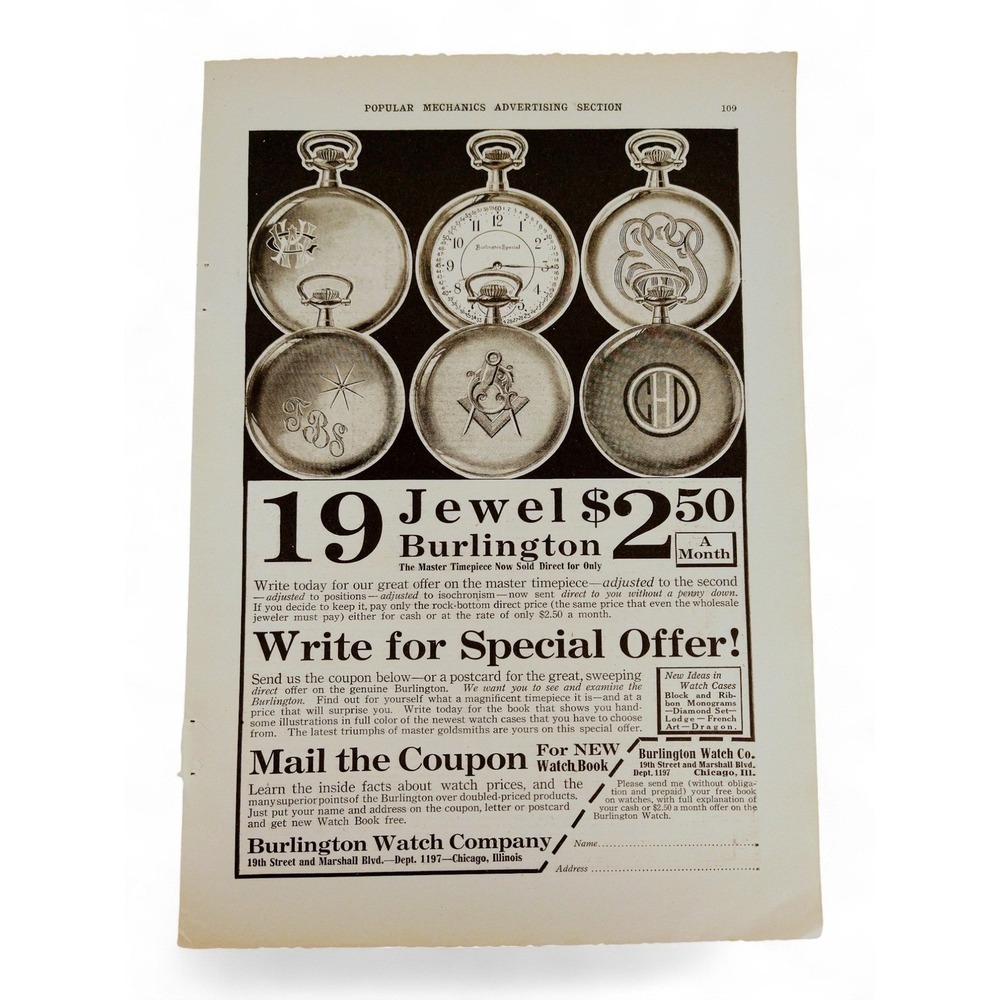 1914 Burlington Watch Company Pocket Watches Original Vtg PRINT AD